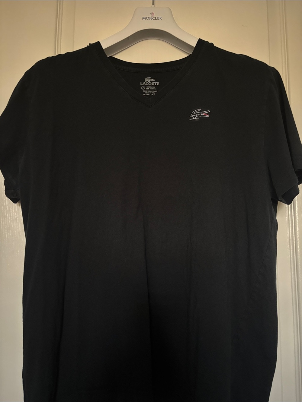 Lacoste Men's Black V-Neck Tee with Embroidered Crocodile